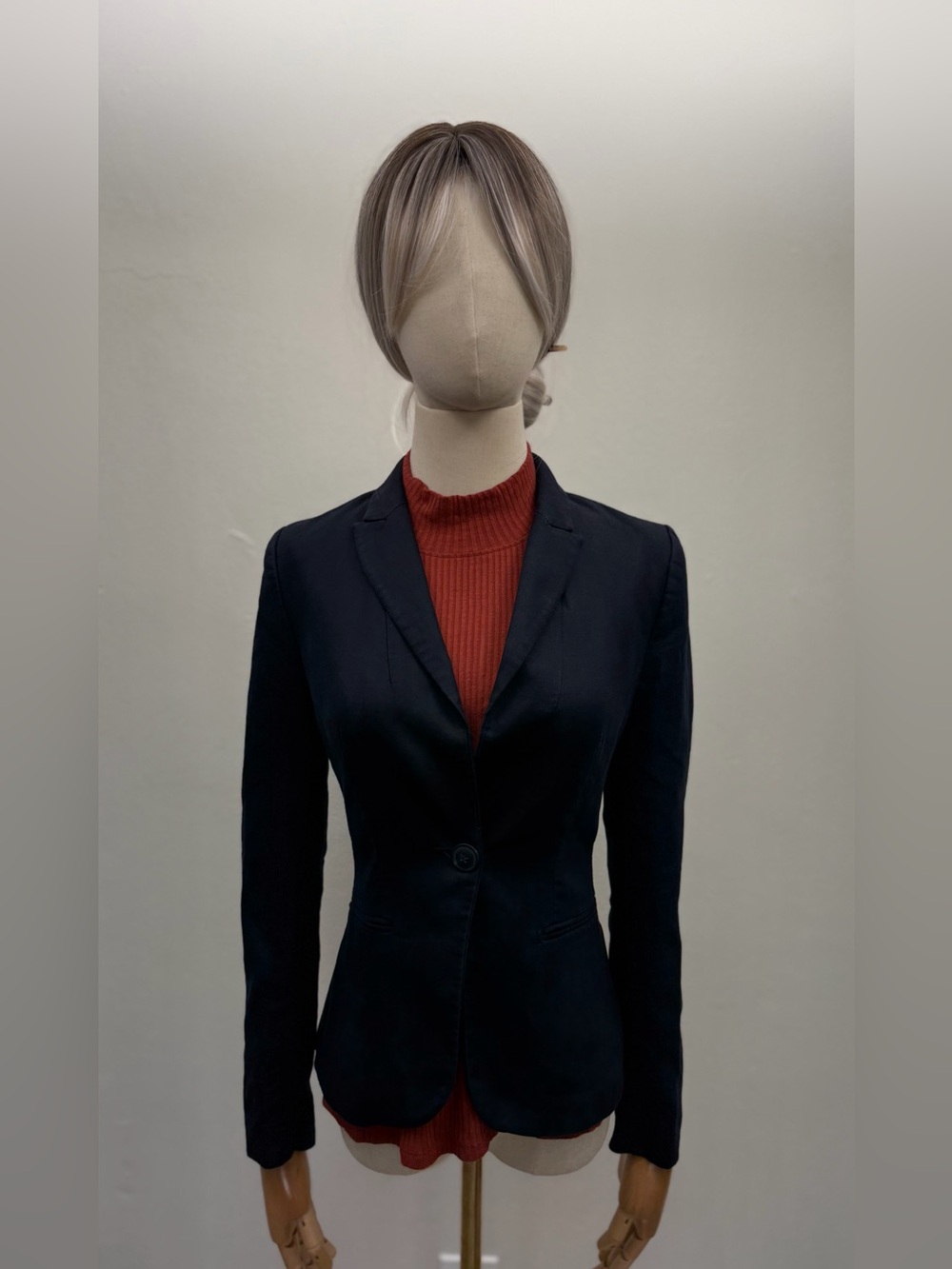 H&M Navy Linen Blend Fitted One Button Blazer Jacket Women’s US 2 EUR 32